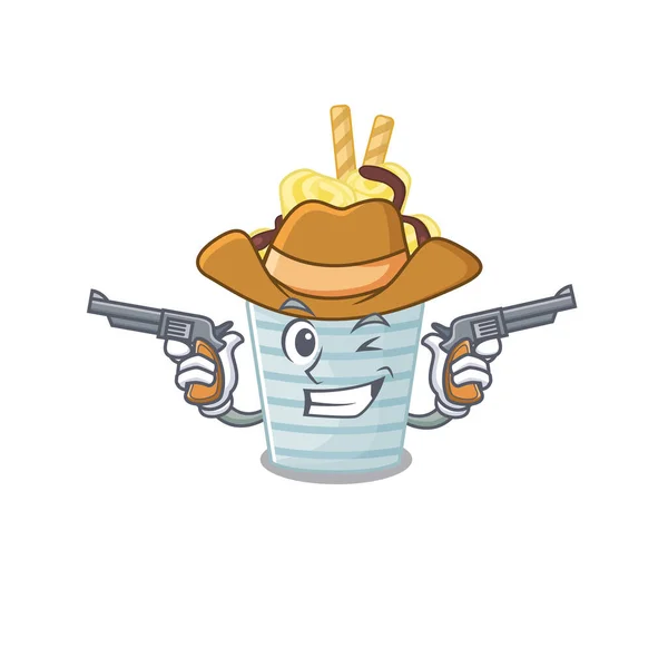 Sorvete engraçado banana rola como um personagem de desenho animado cowboy segurando armas —  Vetores de Stock