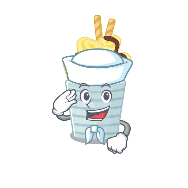 Bonito sorvete banana rolos Sailor personagem cartoon vestindo chapéu branco — Vetor de Stock