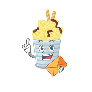 Şirin yüzlü dondurma, muzlu rulo maskot tasarımı ve zarf. Vektör illüstrasyonu
