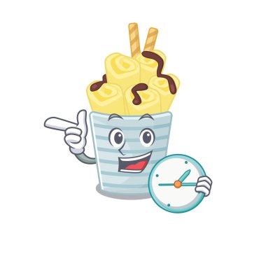 Neşeli dondurmalı muzlu rulo çizgi film karakteri tarzı saat. Vektör illüstrasyonu