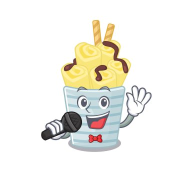 Şirin dondurmalı muz mikrofonla şarkı söylüyor. Vektör illüstrasyonu