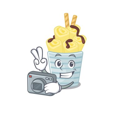 Dondurmalı muz maskotu tasarımı profesyonel bir fotoğrafçı ve kamera. Vektör illüstrasyonu