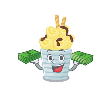 Mutlu yüz dondurmalı muzlu rulo karakter. Elinde para var.