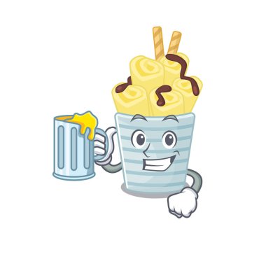 Neşeli dondurma muzlu dürüm maskot tasarımı ve bir bardak bira.