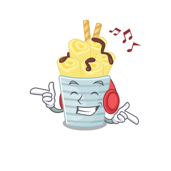 Enjoying music ice cream banana rollscartoon mascot design — Stock Vector