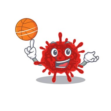 Basketbol oynayan sportif bir buldecovirus çizgi film maskotu tasarımı. Vektör illüstrasyonu