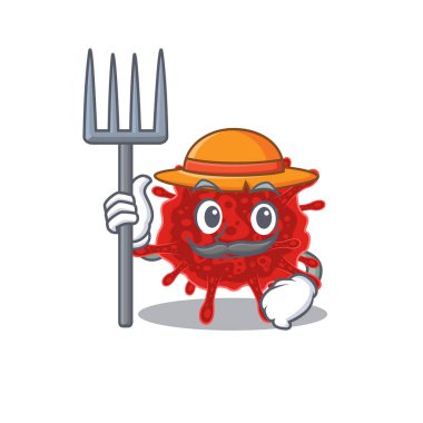 Farmer çizgi filminde şapka ve dirgenli buldecovirus. Vektör illüstrasyonu