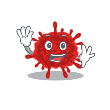 Gülen buldecovirus el sallayan maskot tasarımı. Vektör illüstrasyonu