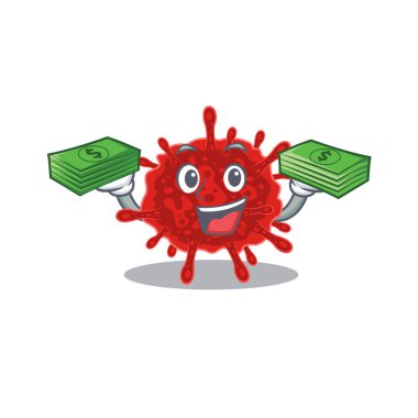 Mutlu yüz buldecovirus karakteri. Elinde para var.