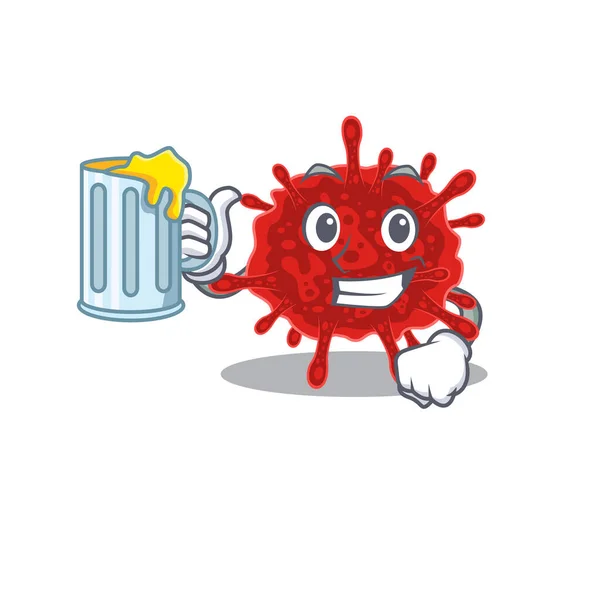 Cheerful buldecovirus mascot design with a glass of beer — Stock Vector