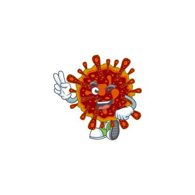 İki parmağını gösteren neşeli, ölümcül bir Coronvirus maskot tasarımı.