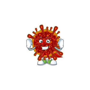 Süper kahraman çizgi film karakteri gibi giyinmiş ölümcül bir Coronvirus resmi.