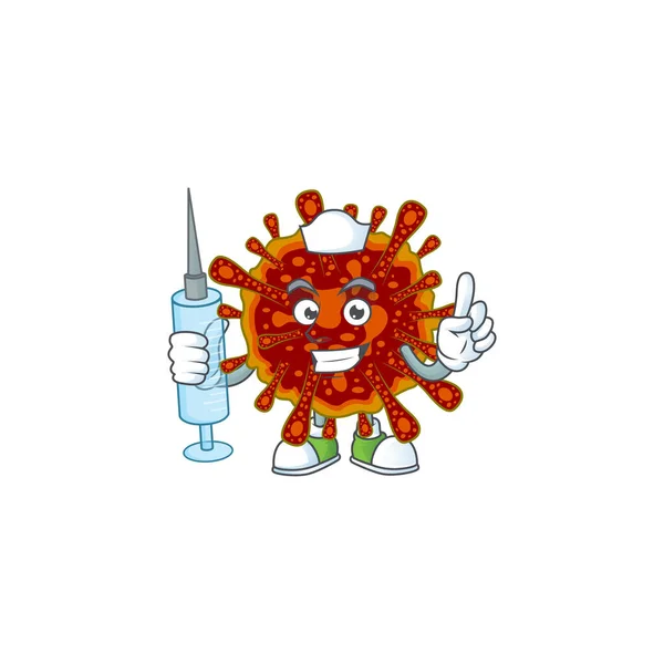 Een aangename verpleegster van dodelijke coronvirus mascotte design stijl met behulp van spuit — Stockvector