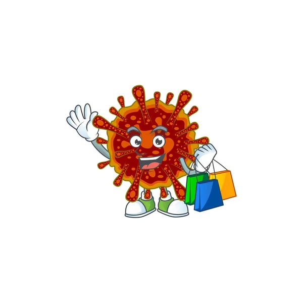 Disegno della mascotte del coronvirus mortale ricco sorridente con la borsa della spesa — Vettoriale Stock