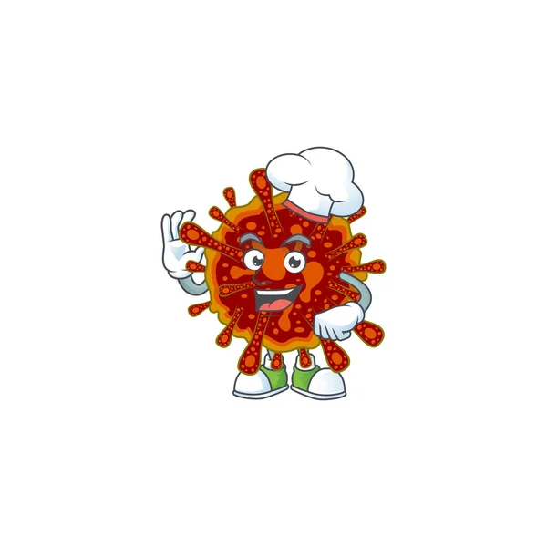 Una foto di mortale personaggio dei cartoni animati coronvirus indossando cappello da chef bianco — Vettoriale Stock