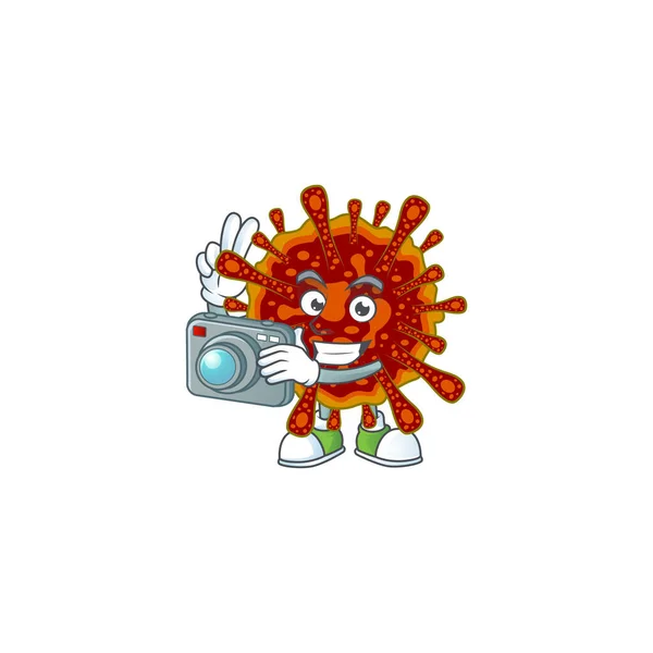 Diseño mortal de la mascota coronvirus como fotógrafo profesional con una cámara — Archivo Imágenes Vectoriales