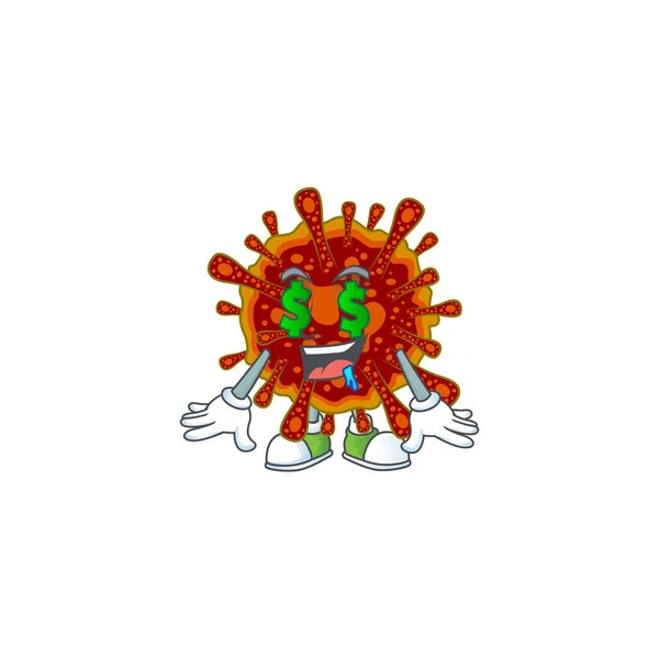 Bohatý smrtící coronvirus s pojmem Money eye maskot postava — Stockový vektor