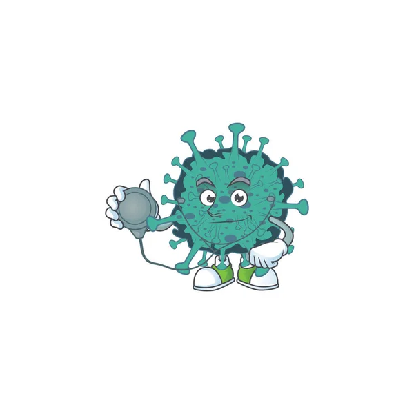 Un personaggio dei cartoni animati di coronavirus critico medico utilizzando strumenti — Vettoriale Stock
