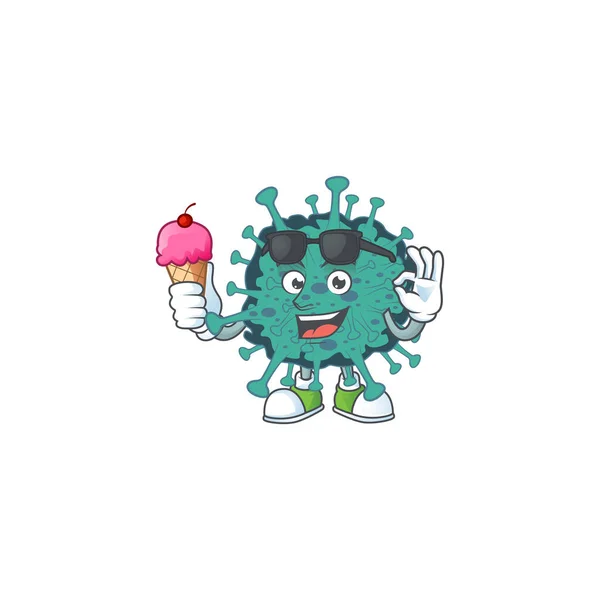 Personaggio dei cartoni animati di coronavirus critica godendo di un gelato — Vettoriale Stock