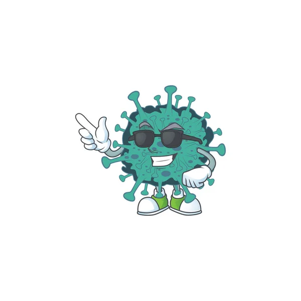 Siyah gözlüklü sevimli eleştirel koronavirüs karakter tasarım tarzı — Stok Vektör