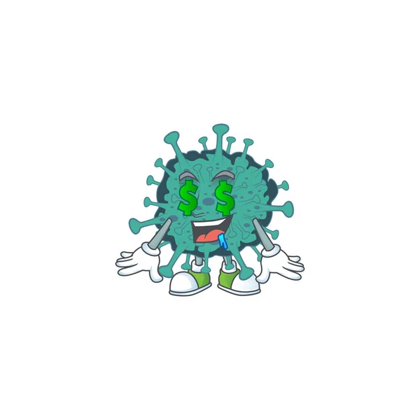 Bohatý kritický koronavirus s charakterním pojetím Money eye maskota — Stockový vektor
