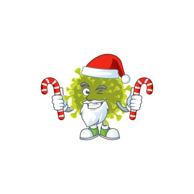 Santa Cartoon karakterinde şekerli dost canlısı küresel koronavirüs salgını