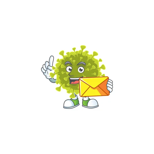 Cute face global coronavirus outbreak mascot design holding an envelope — Stock Vector