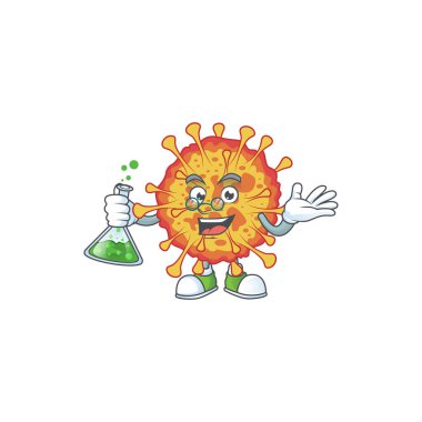 Salgın COVID19 Zeki Profesör Çizgi Film Tasarımı bir cam tüpü kavrıyor