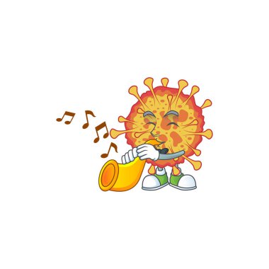 Salgın COVID19 çizgi film karakteri trompetle müzik çalıyor.