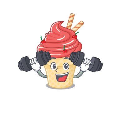 Smiley Fitness egzersiz vişneli dondurma çizgi film karakteri halter kaldırıyor.