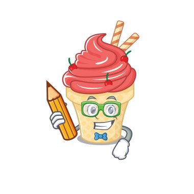 Zeki öğrenci kirazlı dondurma karakteri, kalem ve gözlüklü.