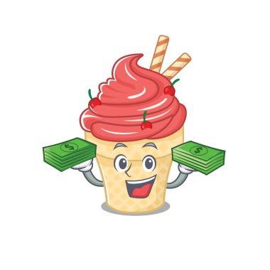 Mutlu yüz vişneli dondurma karakteri. Elinde para var.