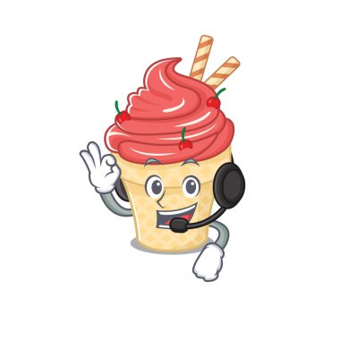 Kulaklık takan kirazlı dondurma çizgi film karakteri tasarımı.