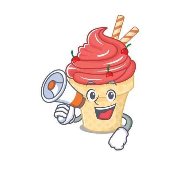 Un icono de helado de cereza sosteniendo un megáfono — Vector de stock