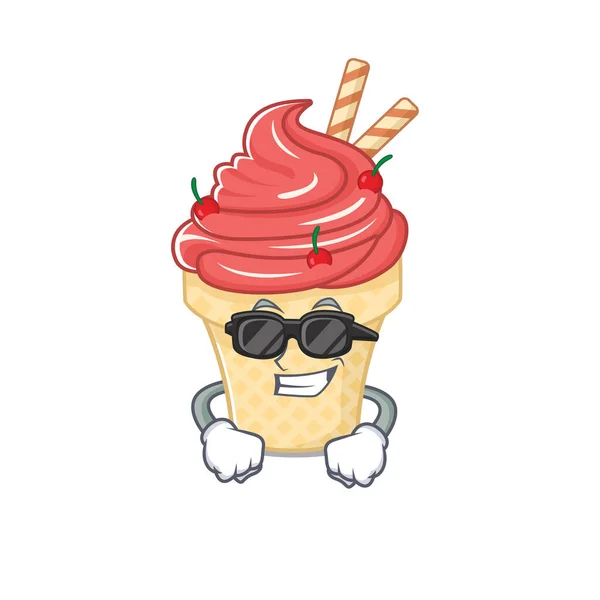 Super cool cherry ice cream mascot character wearing black glasses — Stock Vector