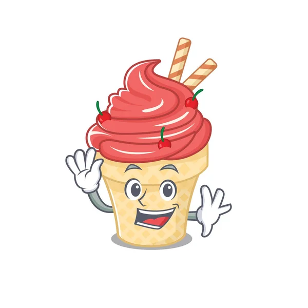 Diseño de la mascota de dibujos animados de helado de cereza sonriente con la mano ondulante — Vector de stock