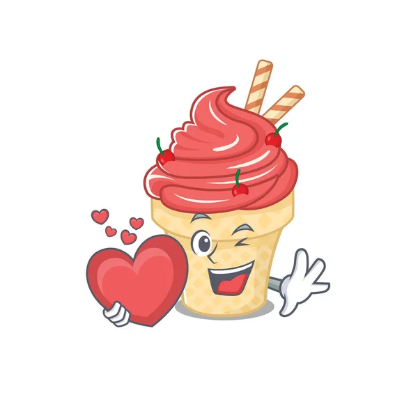 Ένα ρομαντικό σχέδιο κινουμένων σχεδίων του παγωτού κεράσι κρατώντας καρδιά — Διανυσματικό Αρχείο