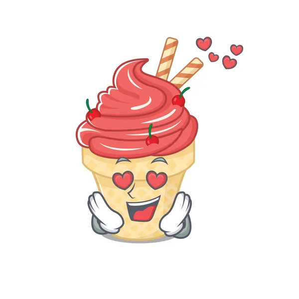 Cute cherry ice cream cartoon character showing a falling in love face — Stock Vector