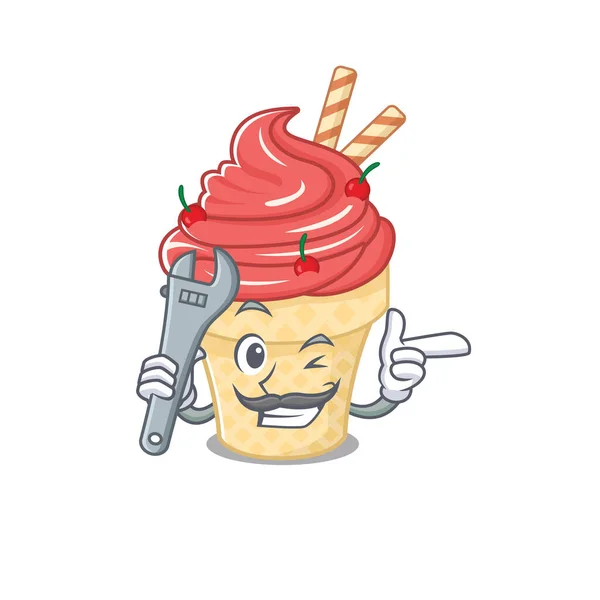 クールなメカニックチェリーアイスクリーム漫画のキャラクターデザインの写真 — ストックベクタ
