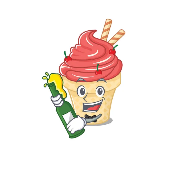 ビールマスコットの漫画風のボトルとチェリーアイスクリーム — ストックベクタ