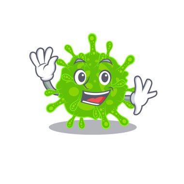 Gülen Flaviviridae çizgi film maskotu tasarımı. El sallıyor.