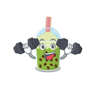 Smiley Fitness egzersiz balonlu çay çizgi film karakteri halter kaldırıyor.