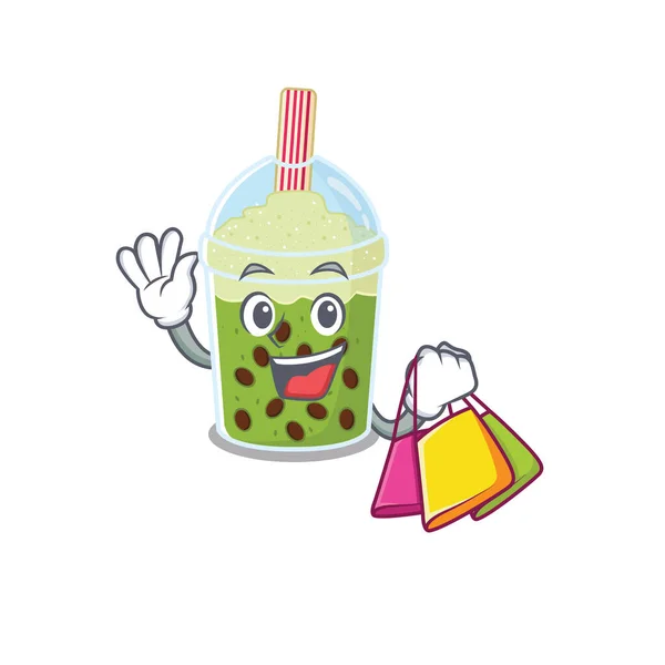 Happy rich Matcha Bubble Tea Maskottchen Design winkt und hält Einkaufstasche — Stockvektor