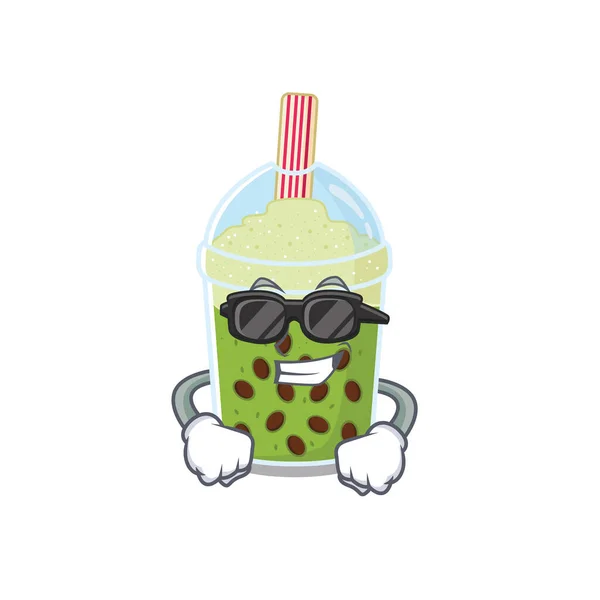 Super coole Matcha Bubble Tea Maskottchen-Figur mit schwarzer Brille — Stockvektor