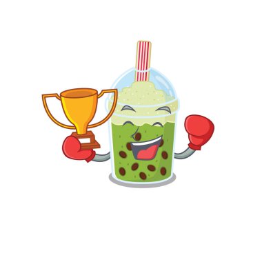 Mutlu yüzlü boks şampiyonu. Maskot tasarımı tarzında balonlu çay.