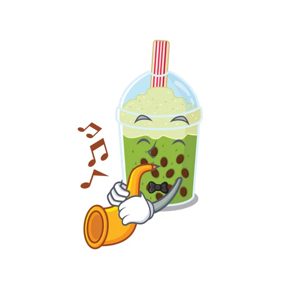 Matcha Bubble Tea Zeichentrickfigur Design spielt eine Trompete — Stockvektor