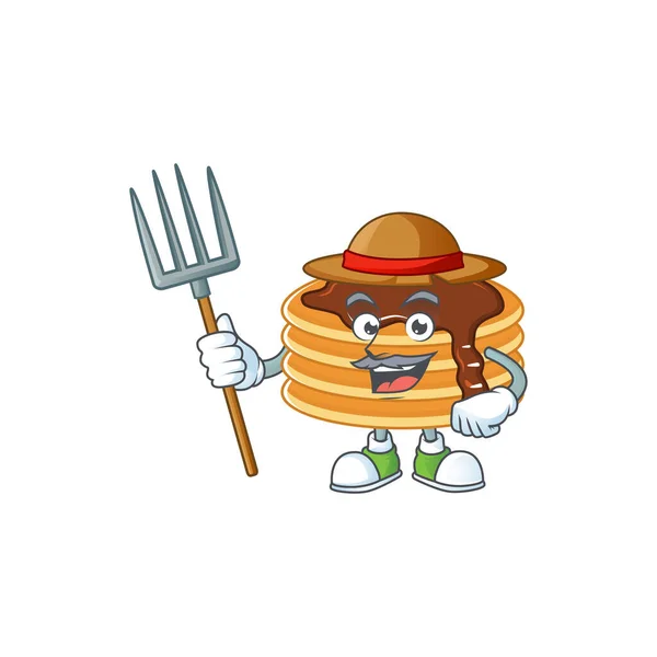 Mascot design style of Farmer chocolate cream pancake with hat and pitchfork — Stock Vector