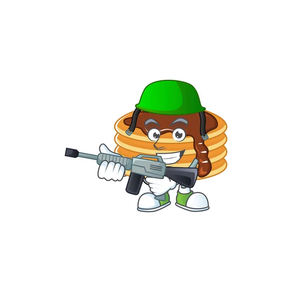 An elegant chocolate cream pancake Army mascot design style using automatic gun — Stock Vector