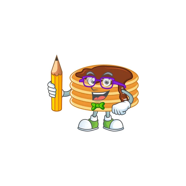 Chocolate creme panqueca estudante personagem de desenho animado estudando com lápis — Vetor de Stock