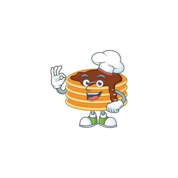 Chocolate creme panqueca desenho animado estilo orgulhosamente vestindo chapéu de chef branco — Vetor de Stock